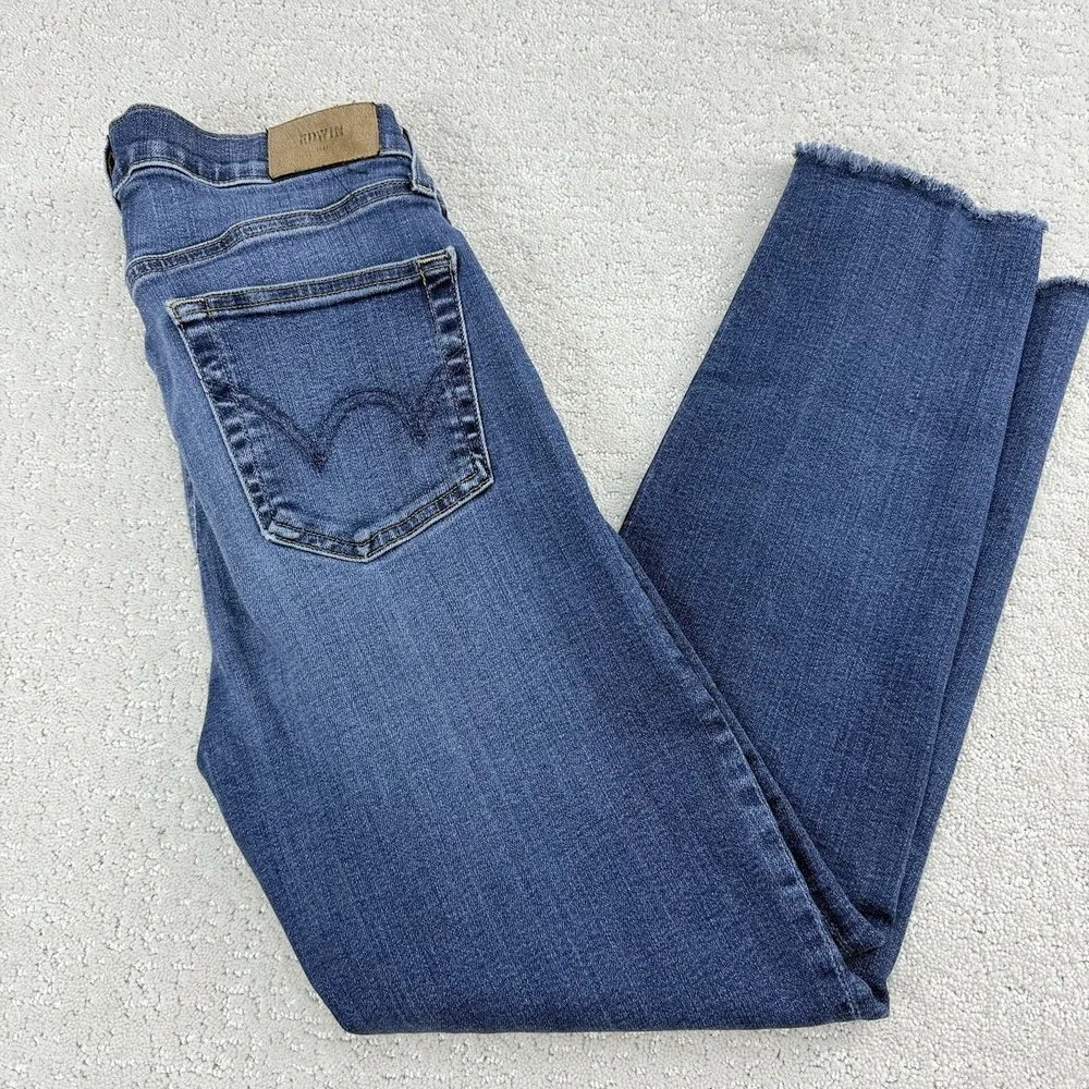 Edwin‎ Womens Slim Straight Jeans 29X25 Blue Raw Hem Stretch $180